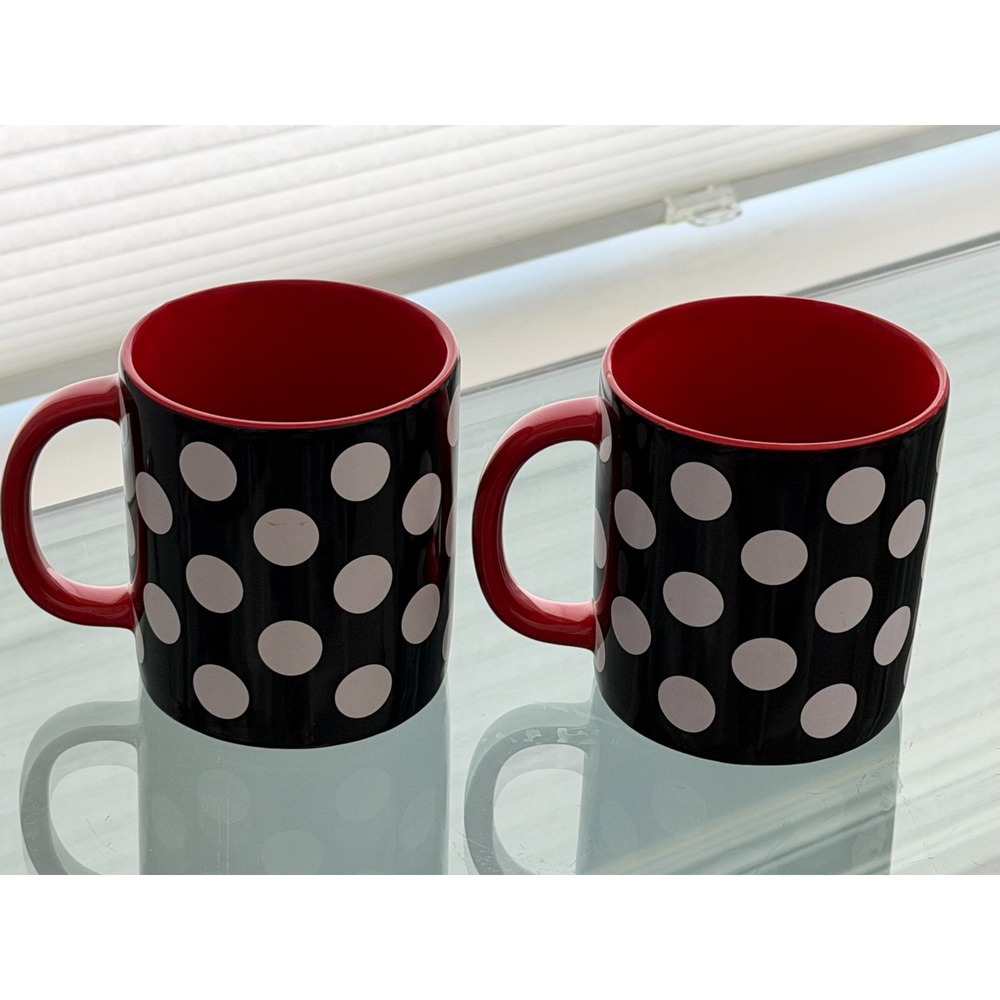 Disney Parks Minnie Mouse Polka Dot Bow Signature Mug Ceramic Coffee Cup Set 2 - Picture 4 of 9